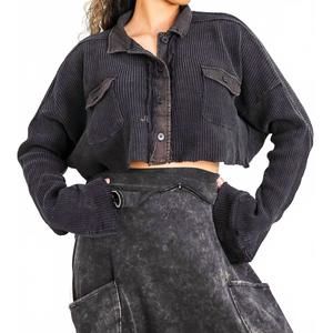 NEW SURELYMINE waffle knit cropped button-up in black